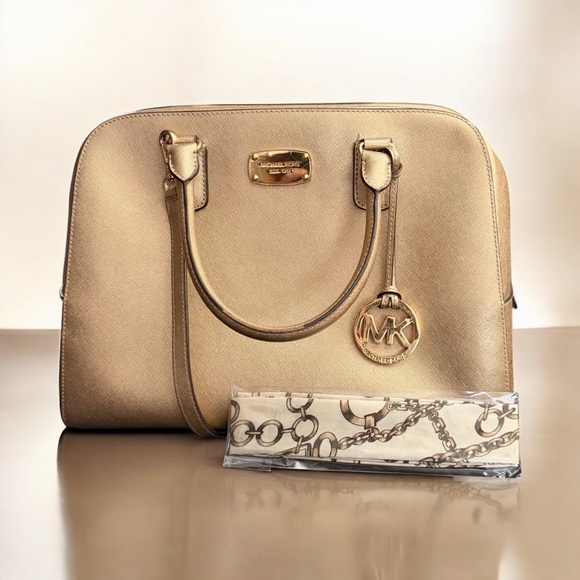 Michael Kors Handbags - Michael Kors Gold Saffiano Leather Satchel w/ Strap + Bag Scarf